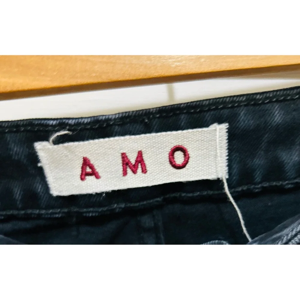 AMO Womens High Rise Straight Leg Crop Frayed Hem Black‎ Denim Jeans